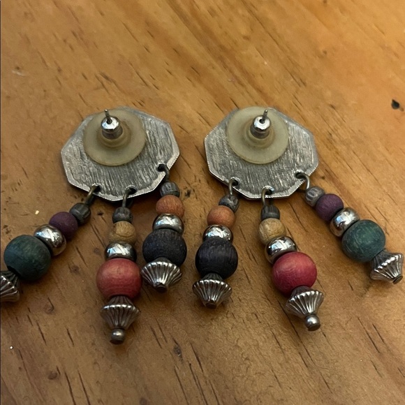 Silver and Multicolor Wood Bead Dangle Earrings - Picture 5 of 6